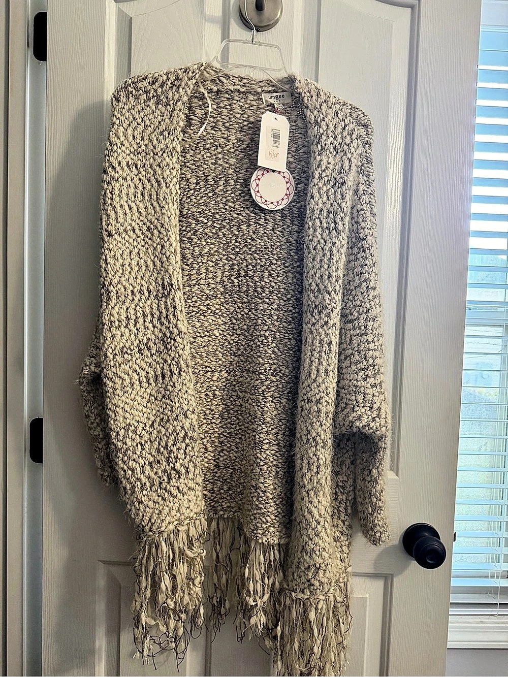 Umgee Fringe Knit Poncho in Cream & Gray NWT